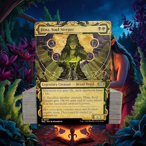 May include: A green and gold Magic: The Gathering card featuring a creature called "Dina, Soul Steeper". The card has a green and gold background with a picture of a woman holding a vial. The card text reads "Legendary Creature - Dryad Druid" and "Whenever you gain life, each opponent loses 1 life. 1, Sacrifice another creature: Dina, Soul Steeper gets +X/+0 until end of turn, where X is the sacrificed creature's power. Her concoctions corroded metal and fortified organic tissue. They would be studied for generations."