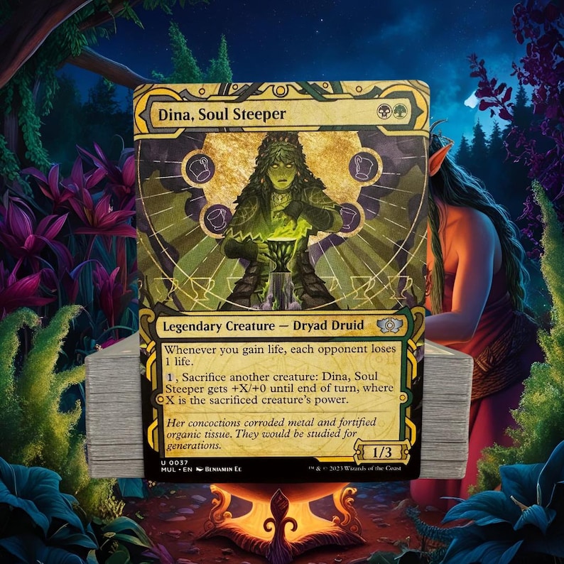 May include: A green and gold Magic: The Gathering card featuring a creature called "Dina, Soul Steeper". The card has a green and gold background with a picture of a woman holding a vial. The card text reads "Legendary Creature - Dryad Druid" and "Whenever you gain life, each opponent loses 1 life. 1, Sacrifice another creature: Dina, Soul Steeper gets +X/+0 until end of turn, where X is the sacrificed creature's power. Her concoctions corroded metal and fortified organic tissue. They would be studied for generations."