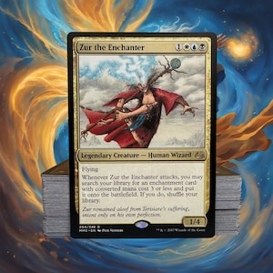 May include: A Magic: The Gathering card featuring "Zur the Enchanter," a Legendary Creature Human Wizard. The card has a gold border and depicts a wizard in a red robe with a staff. The card text includes "Flying" and other game instructions. A stack of cards is visible.
