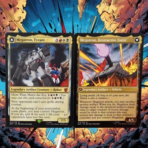 May include: Two Magic: The Gathering trading cards featuring Megatron. The left card is Megatron, Tyrant, a legendary artifact creature. The right card is Megatron, Destructive Force, a legendary artifact vehicle. Both cards feature detailed character illustrations and game text.