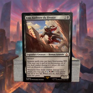 May include: A black and white Magic: The Gathering card featuring Ezio Auditore da Firenze, a legendary creature with the text "Ezio Auditore da Firenze" and "3/2".