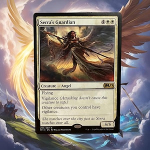 Puede incluir: Una carta blanca con texto negro y una imagen de un &aacute;ngel alado sosteniendo una lanza. La carta es del set Magic: The Gathering "M19". El texto de la carta dice "Serra's Guardian", "Creature - Angel", "Flying", "Vigilance (Attacking doesn't cause this creature to tap.)", "Other creatures you control have vigilance.", "She watches over the city just as Serra watches over all.", "5/5".