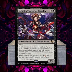 May include: A Magic: The Gathering card featuring Evereth, Viceroy of Plunder. The card has a black border with a portrait of a woman in a red and black outfit. Text includes "Legendary Creature - Vampire Soldier" and game instructions.