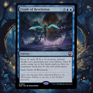 Puede incluir: Carta azul de Magic: The Gathering, "Finale of Revelation". Presenta una escena fant&aacute;stica con una figura flotante y la palabra "Sorcery". El dise&ntilde;o tiene una est&eacute;tica m&iacute;stica y et&eacute;rea, con azules y morados. El texto describe el juego.