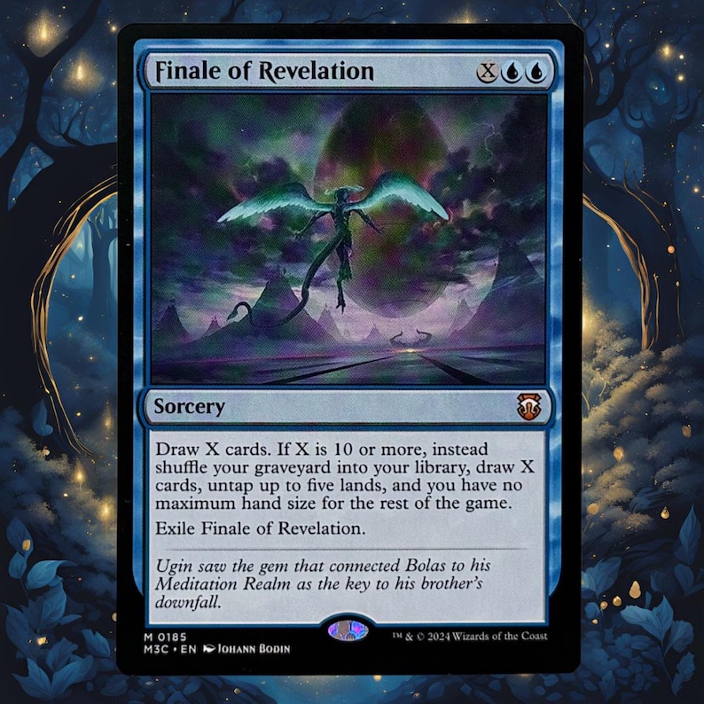 Puede incluir: Carta azul de Magic: The Gathering, "Finale of Revelation". Presenta una escena fant&aacute;stica con una figura flotante y la palabra "Sorcery". El dise&ntilde;o tiene una est&eacute;tica m&iacute;stica y et&eacute;rea, con azules y morados. El texto describe el juego.