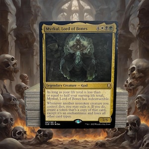 May include: A Magic: The Gathering card featuring "Myrkul, Lord of Bones," a Legendary Creature God. The card has a gold border with a dark background and a detailed illustration of a skeletal figure. The card text is visible, and the card is part of a stack.