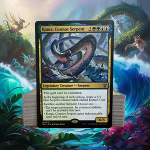 May include: A blue and gold Magic: The Gathering card featuring a large, blue serpent with a red underbelly. The card is titled "Koma, Cosmos Serpent" and has a power and toughness of 6/6. The card text reads: "This spell can't be countered. At the beginning of each upkeep, create a 3/3 blue Serpent creature token named Koma's Coil. Sacrifice another Serpent: Choose one - Tap target permanent. Its activated abilities can't be activated this turn. Koma, Cosmos Serpent gains indestructible until end of turn."