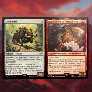 May include: A red and white card with a picture of a dwarf warrior holding a hammer. The card is from the Magic: The Gathering trading card game. The text on the card reads "Gimli of the Glittering Caves" and "No Dwarf could be unmoved by such loveliness."