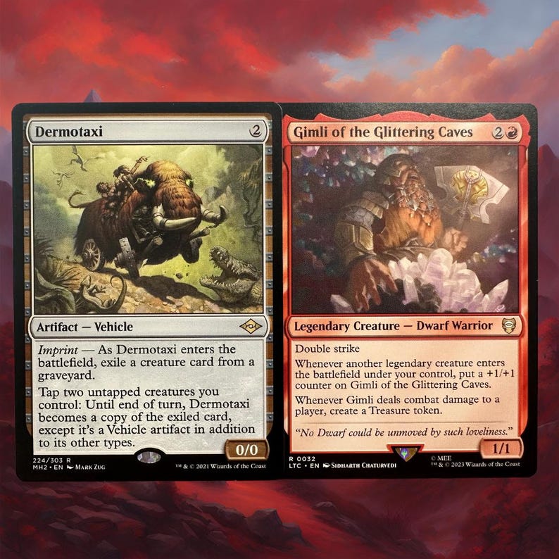 May include: A red and white card with a picture of a dwarf warrior holding a hammer. The card is from the Magic: The Gathering trading card game. The text on the card reads "Gimli of the Glittering Caves" and "No Dwarf could be unmoved by such loveliness."