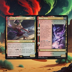 May include: Two Magic: The Gathering trading cards. The first card is "Terra, Magical Adept" with a female wizard illustration. The second card is "Esper Terra" with a purple figure illustration. Both cards have text and game details.