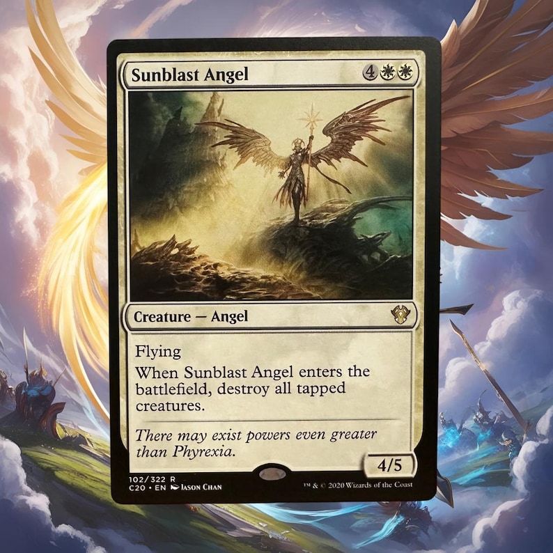 Puede incluir: Una carta blanca con un &aacute;ngel dorado con las alas extendidas de pie sobre un acantilado rocoso. La carta se titula "Sunblast Angel" y tiene un coste de man&aacute; de 4. El texto dice "Criatura - &Aacute;ngel, Volar, Cuando Sunblast Angel entra al campo de batalla, destruye todas las criaturas giradas. Puede que existan poderes a&uacute;n mayores que Phyrexia. 4/5".
