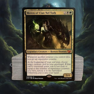 May include: A Magic: The Gathering card featuring "Meren of Clan Nel Toth." The card has a black border with gold accents and a detailed illustration of a female figure with a skull and a dragon-like creature. The card text describes the creature's abilities.