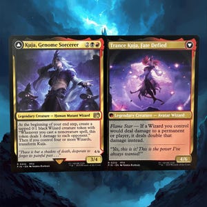 May include: Two Magic: The Gathering trading cards featuring the character Kuja. The first card is "Kuja, Genome Sorcerer" with a character illustration in blue and white. The second card is "Trance Kuja, Fate Defied" with a purple and red character illustration.