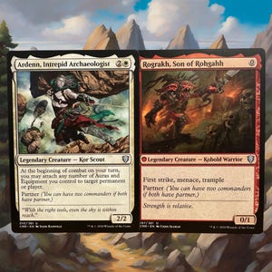 May include: Two Magic: The Gathering trading cards. The first card features "Ardenn, Intrepid Archaeologist" with a white-haired figure in action. The second card displays "Rograkh, Son of Rohgahh", a red creature. Both cards have text describing abilities.