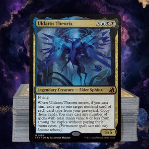 May include: A Magic: The Gathering trading card titled Uldaros Theorix, a blue and black Legendary Creature Elder Sphinx. The card features a blue, winged creature illustration, a mana cost of 3UUBB, and text detailing its flying ability.