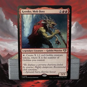 May include: A Magic: The Gathering trading card titled Krenko, Mob Boss, featuring a green-skinned goblin warrior in a red cloak holding a blade. The card text includes its ability to create red goblin tokens and flavor text by Agmand Sarv.