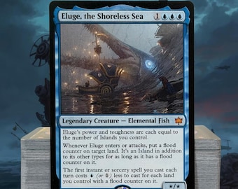 May include: A blue Magic: The Gathering card titled "Eluge, the Shoreless Sea." The card features an illustration of a sea creature attacking a ship. Text on the card describes its abilities as a Legendary Creature - Elemental Fish.