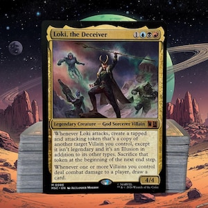 May include: A collectible trading card titled Loki, the Deceiver, featuring a gold border and an illustration of a character with horns holding a staff. The card text details game mechanics for a Legendary Creature, God Sorcerer Villain, with a 4/4 power and toughness rating.
