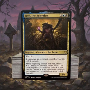 May include: A Magic: The Gathering card featuring "Vren, the Relentless," a Rat Rogue creature. The card has a black, blue, and gold color scheme with a detailed illustration of a rat-like figure. The card text includes abilities and stats, with a power/toughness of 3/4.