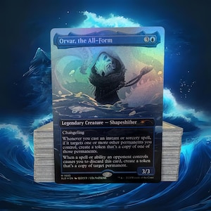 May include: A holographic Magic: The Gathering card featuring "Orvar, the All-Form." The card depicts a spectral figure in a hooded cloak, set against a shimmering, aquatic background. The card text includes "Legendary Creature - Shapeshifter" and other game details.