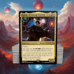 May include: A Magic: The Gathering card featuring "Jodah, Archmage Eternal." The card has a gold border and depicts a wizard with a cosmic background. The card text includes "Legendary Creature - Human Wizard" and "Flying."