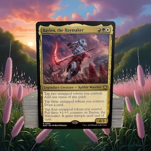 May include: A Magic: The Gathering card featuring "Baylen, the Haymaker," a rabbit warrior with a scythe. The card has a gold and black border with text describing its abilities. The background shows a sunset over a field.
