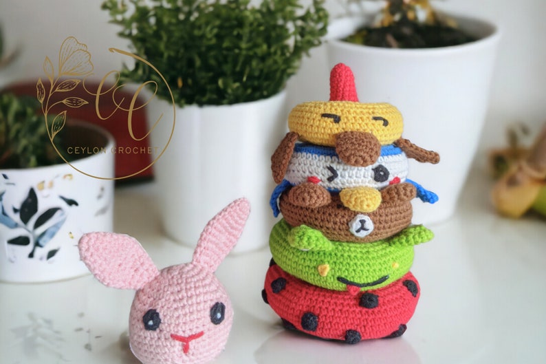 Juguete de apilamiento de animales de ganchillo / DESCARGA INSTANTE /Seis animales / Lindo juguete Amigurumi / Patrón de ganchillo / Patrón de juego de ganchillo / Juego Montessori imagen 8