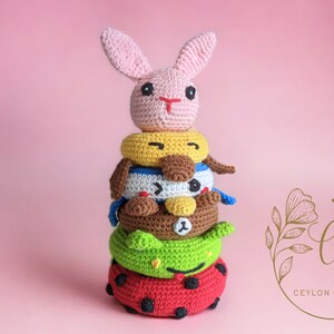 Juguete de apilamiento de animales de ganchillo / DESCARGA INSTANTE /Seis animales / Lindo juguete Amigurumi / Patrón de ganchillo / Patrón de juego de ganchillo / Juego Montessori imagen 1