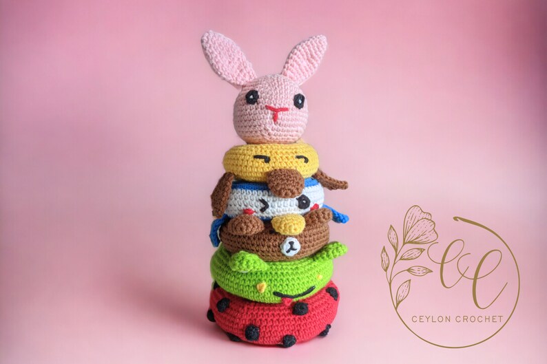 Juguete de apilamiento de animales de ganchillo / DESCARGA INSTANTE /Seis animales / Lindo juguete Amigurumi / Patrón de ganchillo / Patrón de juego de ganchillo / Juego Montessori imagen 1