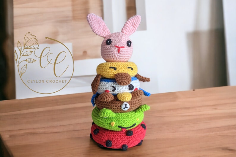 Juguete de apilamiento de animales de ganchillo / DESCARGA INSTANTE /Seis animales / Lindo juguete Amigurumi / Patrón de ganchillo / Patrón de juego de ganchillo / Juego Montessori imagen 7