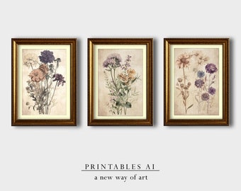 Vintage Prints Set of 3 | Antique Botanical Wild Flower Bouquet | Relaxing Room Decor | Digital DOWNLOAD