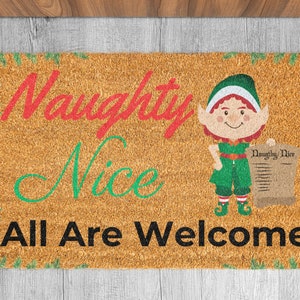 Festive Christmas Elf Door Mat - Naughty or Nice Design - Holiday Welcome Decor