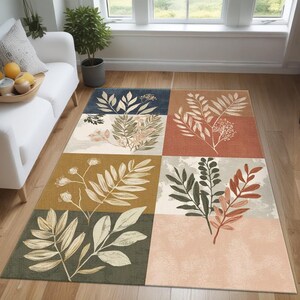Boho Leaf Patchwork Matta: Jordfärgad botanisk accentmatta