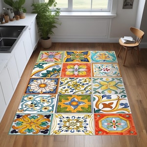 Op de afbeelding: Een kleurrijk vloerkleed met een tegelontwerp. Het vloerkleed heeft een raster van vierkante tegels, elk met een uniek bloemen- of geometrisch patroon in blauw, geel, oranje en groen. Het vloerkleed ligt op een houten vloer in een keuken.