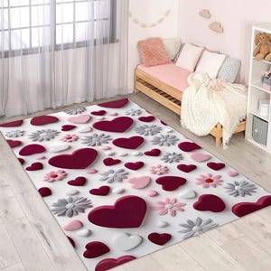 Heart and Daisy Pattern Kids Rug – Soft White Base with Red Pink Gray Accents – Cute Valentines Gift – Kids Room Area Carpet - HQ Print
