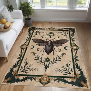 Gothic Moth Rug - Insect Themed Carpet - Dark Boho Mystic Decor - Antique Botanical Art Mat for Living Room & Bedroom