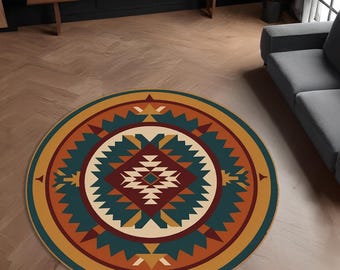Dywan okrągły w stylu południowo-zachodnim: wystrój w stylu boho w stylu azteckim