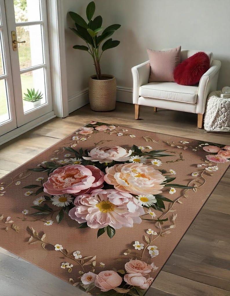 Vintage Peony Floral Rug: Pink Beige Flower Area Carpet - Etsy
