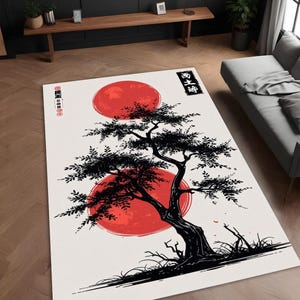 Japanese Zen Art Rug - Traditional Sumi-e Ink Style Carpet - Red Sun & Bonsai Tree Mat - Samurai Aesthetic Decor - Minimalist Floor Art