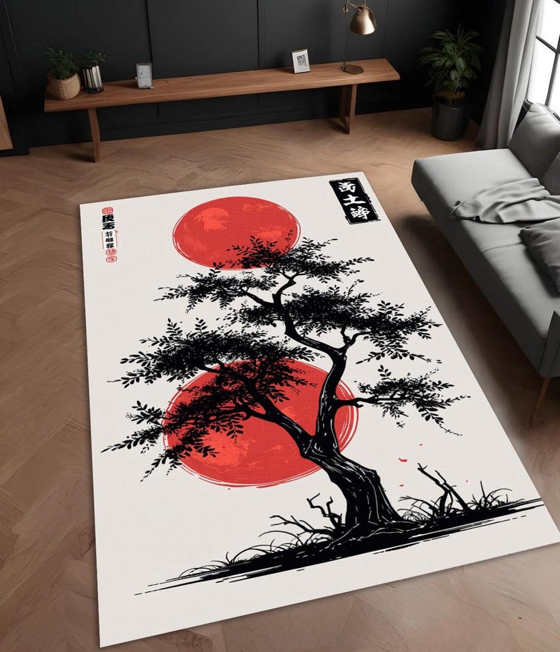 Japanese Zen Art Rug - Traditional Sumi-e Ink Style Carpet - Red Sun & Bonsai Tree Mat - Samurai Aesthetic Decor - Minimalist Floor Art