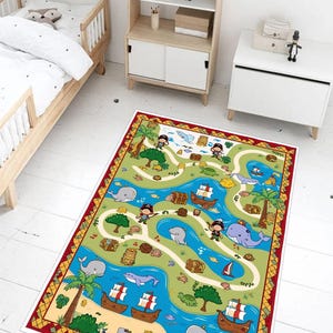 Piraten Abenteuer Kinderteppich - Lustige Spielmatte mit Schatzkarte & Schiffen - Weicher rutschfester Teppich - Waschbarer Kinderteppich für Spielzimmer und Schlafzimmer