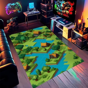 Tapis de jeu pixel - tapis de jeu vidéo rétro - tapis de sol carte RPG - décoration de chambre de joueur - tapis de jeu lavable doux - cadeau geek