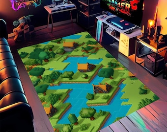 Op de afbeelding: Een gepixelde vloerkleed met een groen en blauw landschapsontwerp. Het vloerkleed heeft een rivier, bomen en huizen. Het vloerkleed is perfect voor een gamerkamer of iedereen die van videogames houdt.