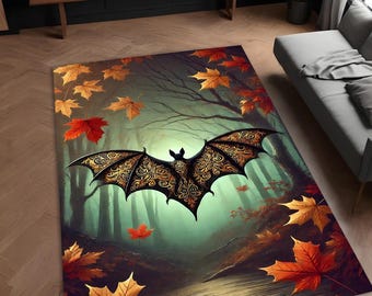 Alfombra gótica de murciélago: decoración de Halloween con un bosque espeluznante