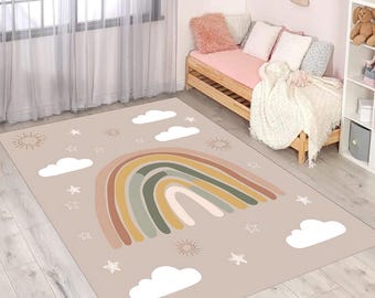 Alfombra infantil arcoíris bohemia: tonos pastel o terrosos, decoración para la sala de juegos infantil.