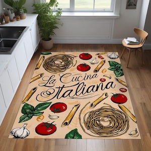 La Cucina Italiana Kitchen Rug – Italian Pasta and Tomato Design – Non Slip & Stain Resistant – Rustic Kitchen Mat for Food Lovers