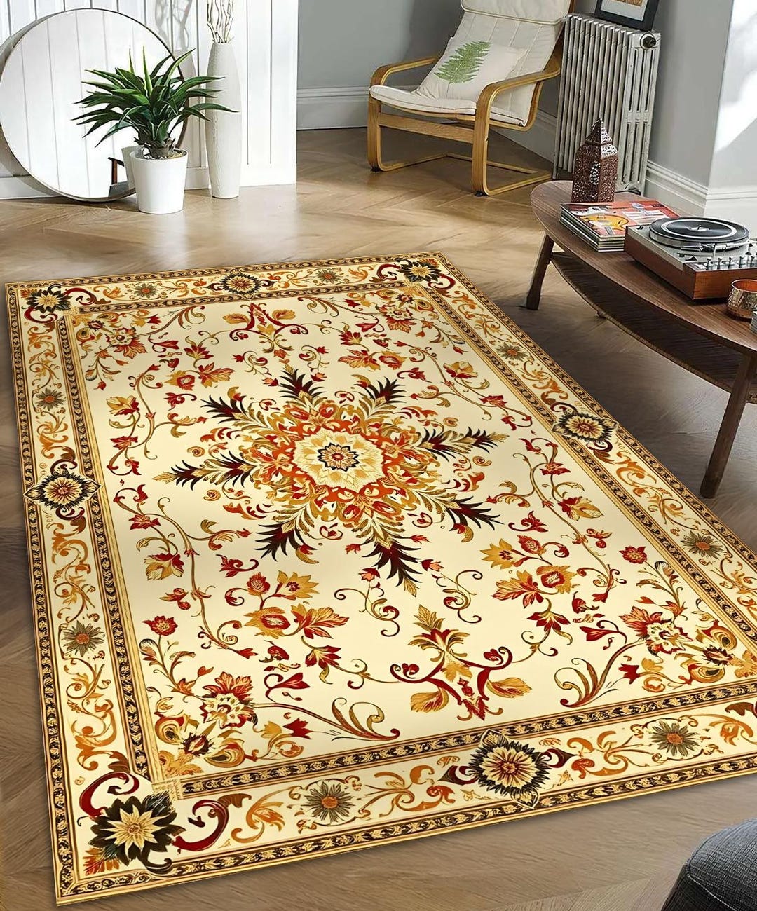 Cream & Gold Persian Style Rug: Vintage-inspired Floral Medallion Print ...