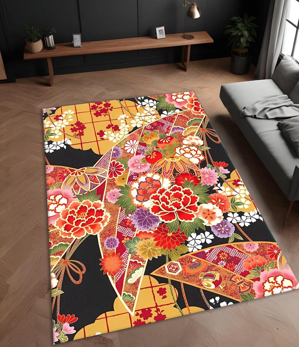 Japanese Rug Runner Japanese Floral Rug – Kimono-inspired Oriental Area Rug - Etsy