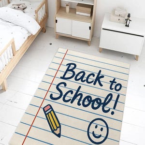 Kids’ study rug with pencil and smile icons, perfect for playrooms and educational settings.
