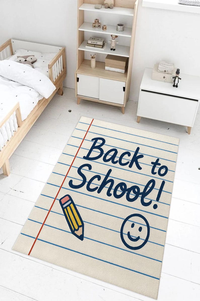 Kids’ study rug with pencil and smile icons, perfect for playrooms and educational settings.